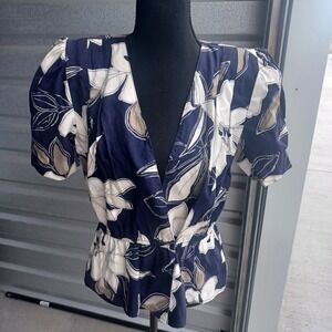 John Richard Of California‎ Vintage Floral Shoulder Pad Asymmetrical Peplum Top